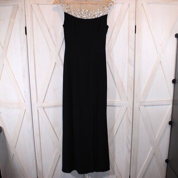 Adrianna Papell Illusion Mermaid Black Gown with Beaded Mesh Yoke Size 0 - Picture 4 of 9